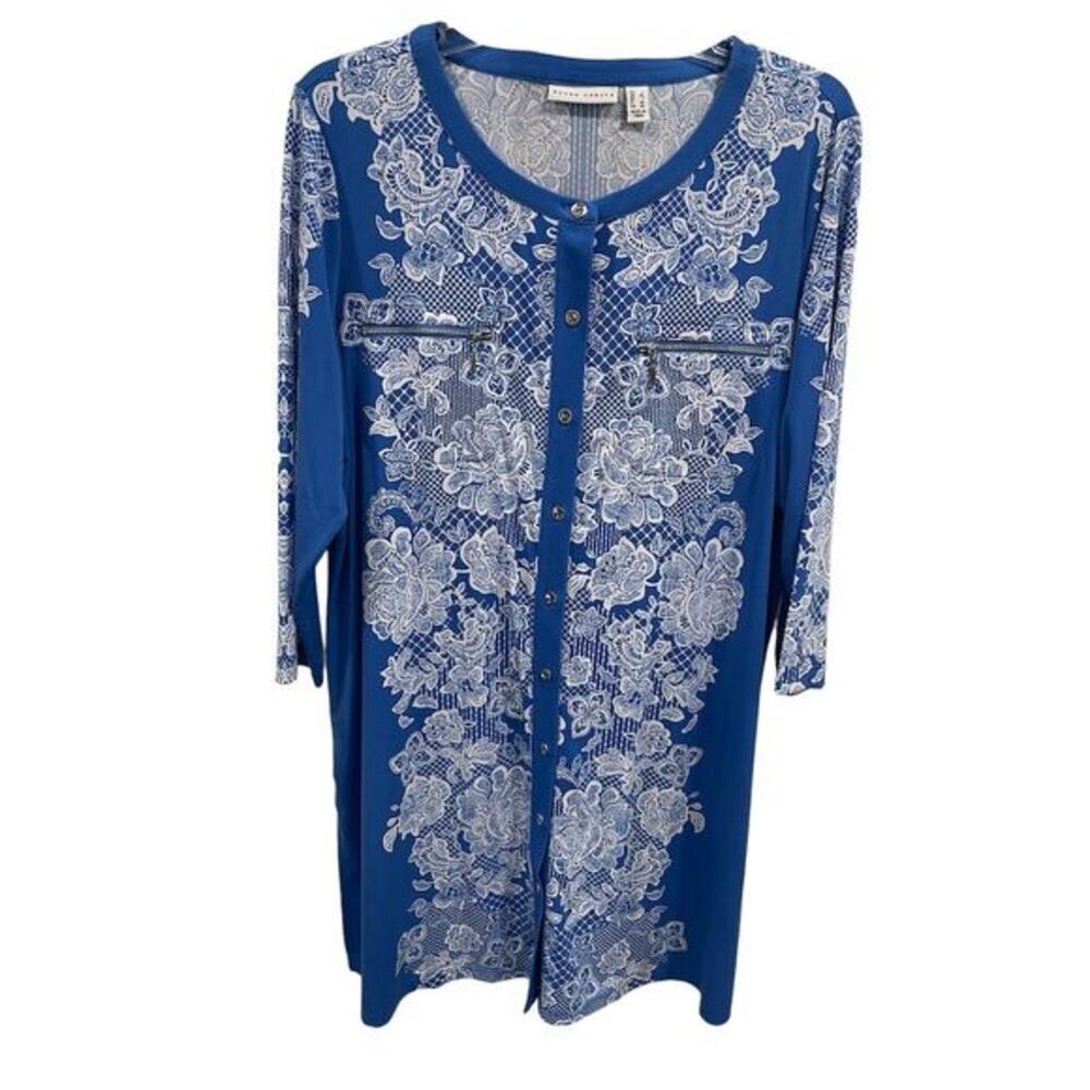 Susan Graver Women's L Blue Floral Button Front Dress 3/4 Sleeve